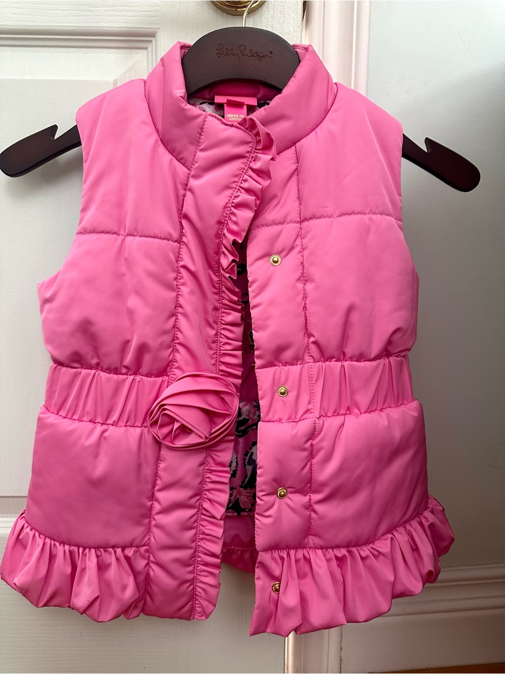 Lilly Pulitzer Hot Pink Ruffle Puffer Vest with Rosette